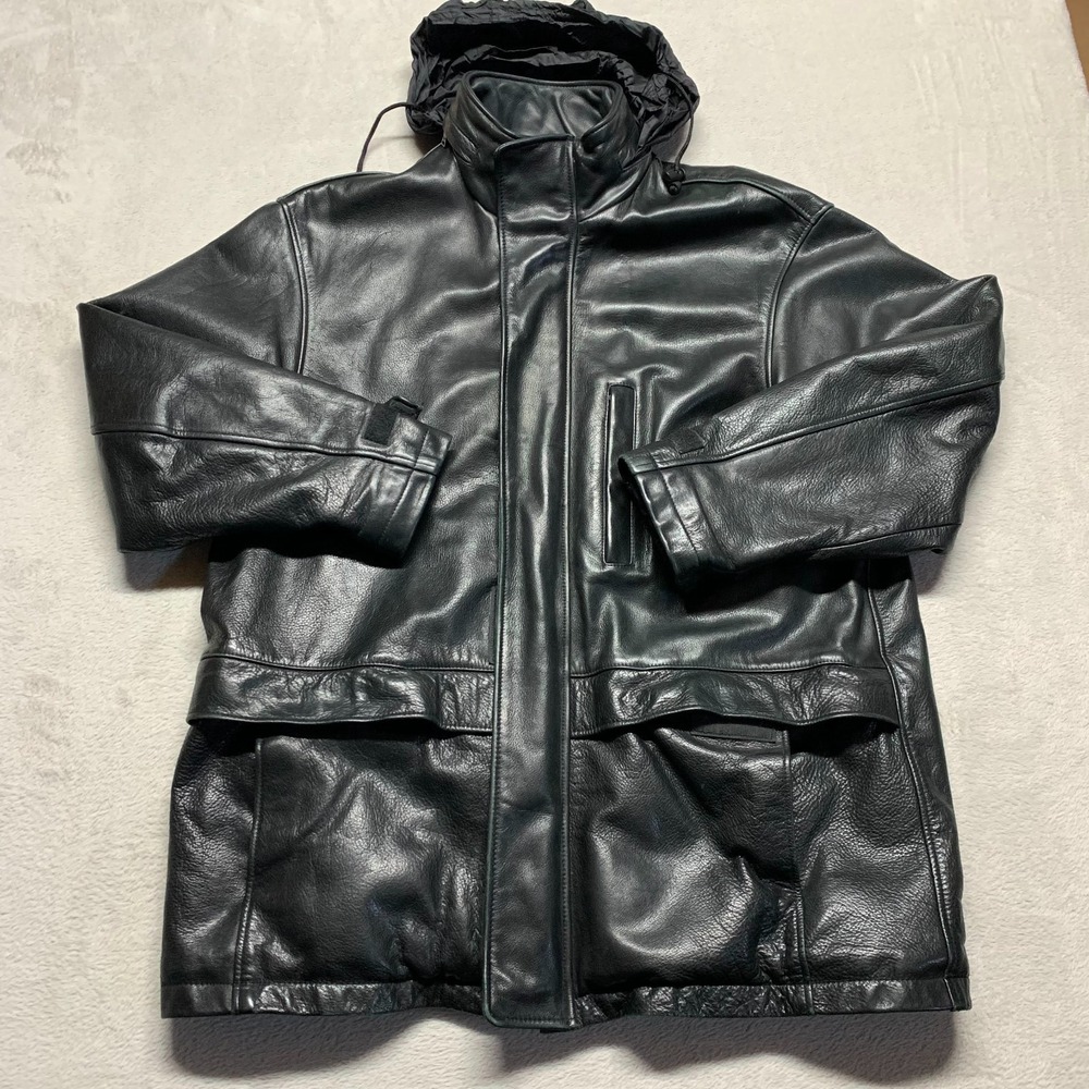 Y2K Andrew Marc Men's Black Leather Jacket L Insulated Hideaway Hood Comfortemp‎